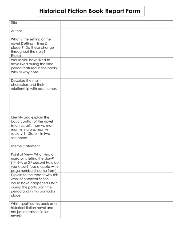 historical fiction book report template