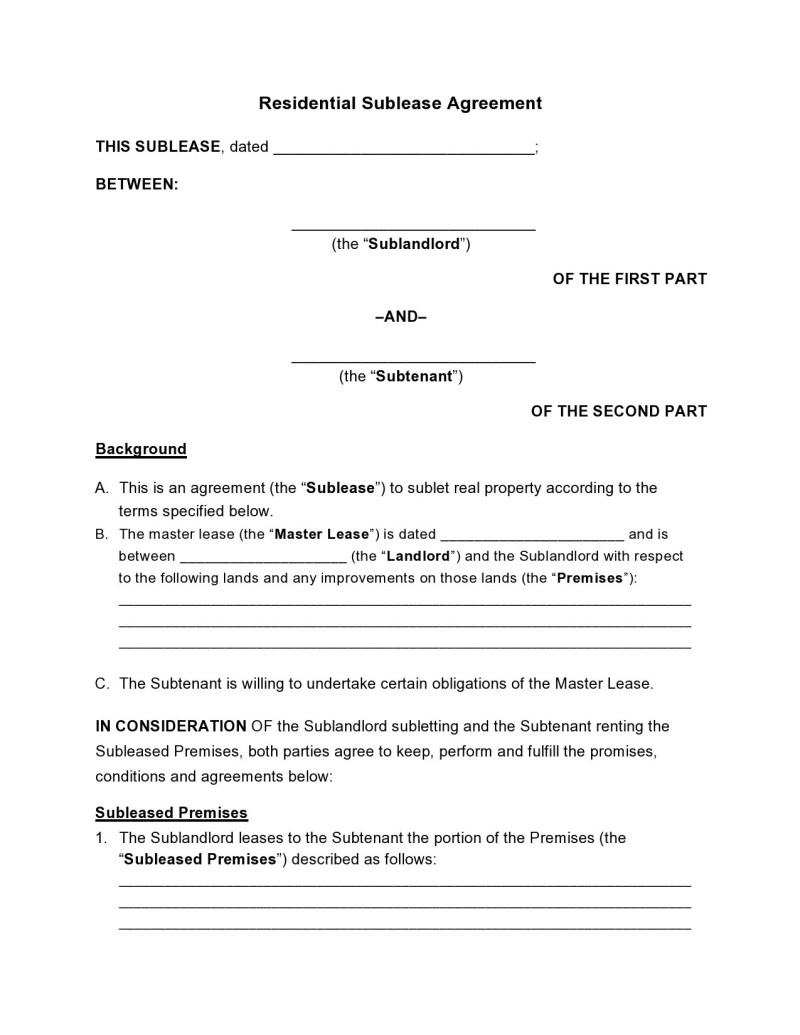 Subletting Lease Agreement Template Free Sample Example Format
