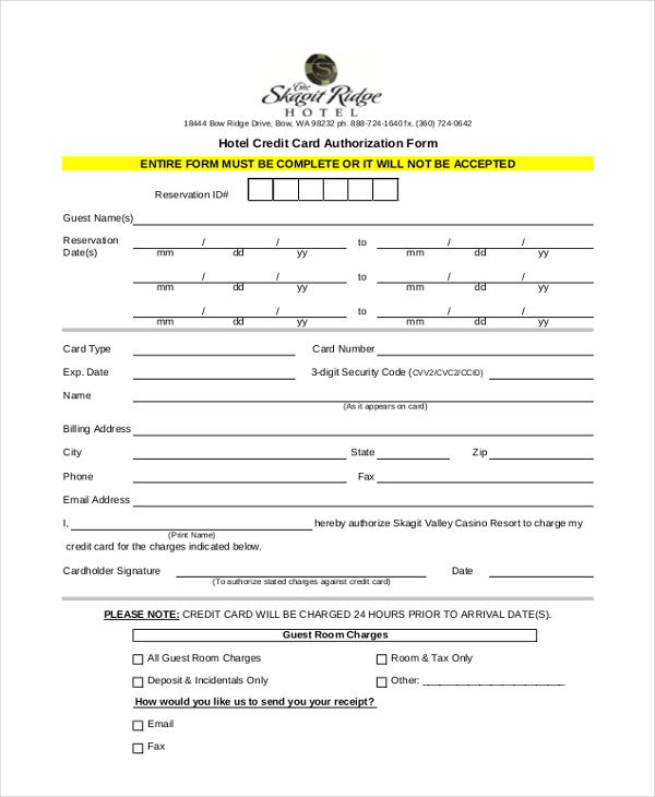 Hotel Credit Card Authorization Form Template Free Sample, Example